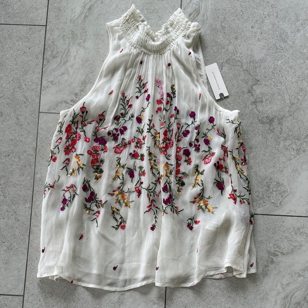 Anthropologie Floreat Floral Embroidered Smocked Mock Neck sz XS NWT - Picture 4 of 12